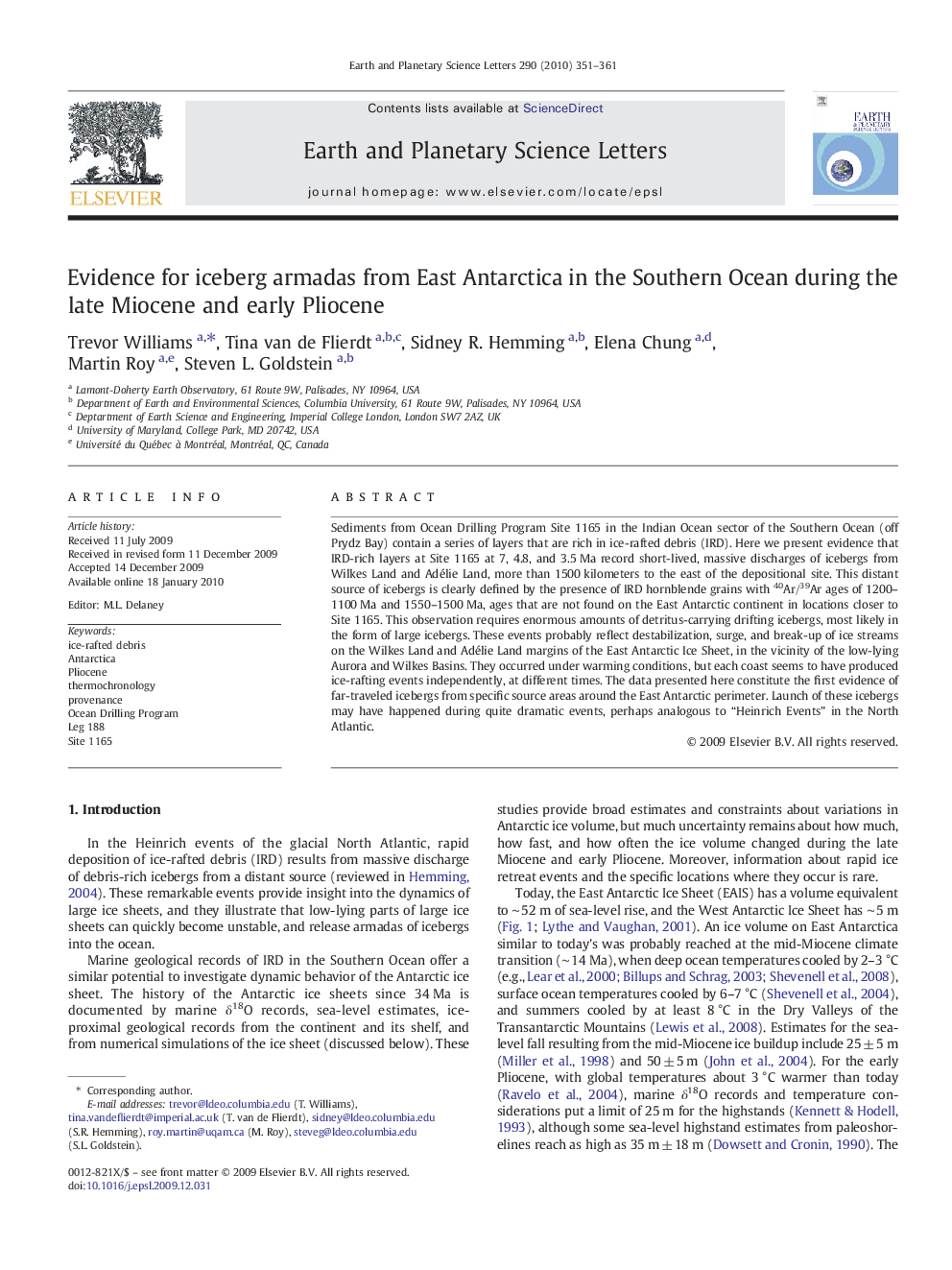 Evidence for iceberg armadas from East Antarctica in the Southern Ocean during the late Miocene and early Pliocene