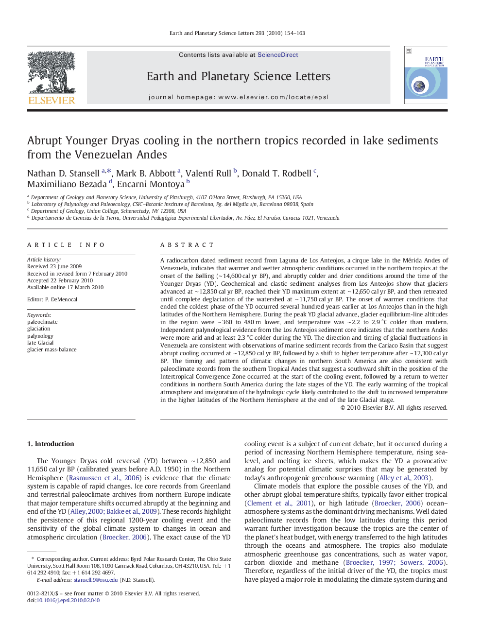 Abrupt Younger Dryas cooling in the northern tropics recorded in lake sediments from the Venezuelan Andes