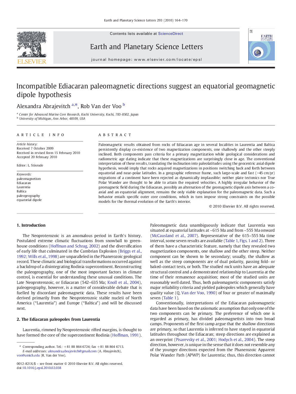 Incompatible Ediacaran paleomagnetic directions suggest an equatorial geomagnetic dipole hypothesis