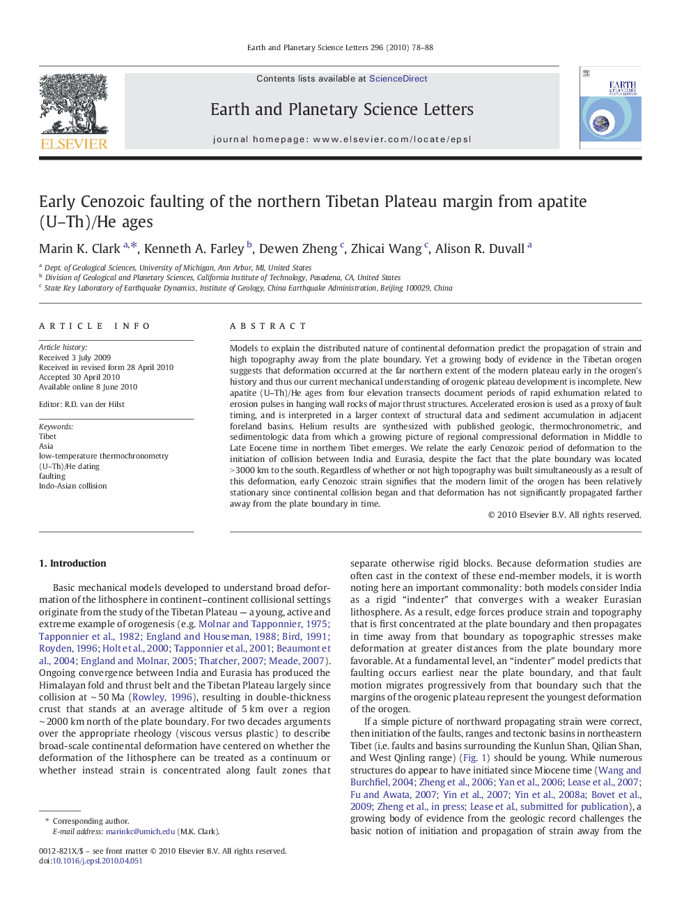 Early Cenozoic faulting of the northern Tibetan Plateau margin from apatite (U–Th)/He ages