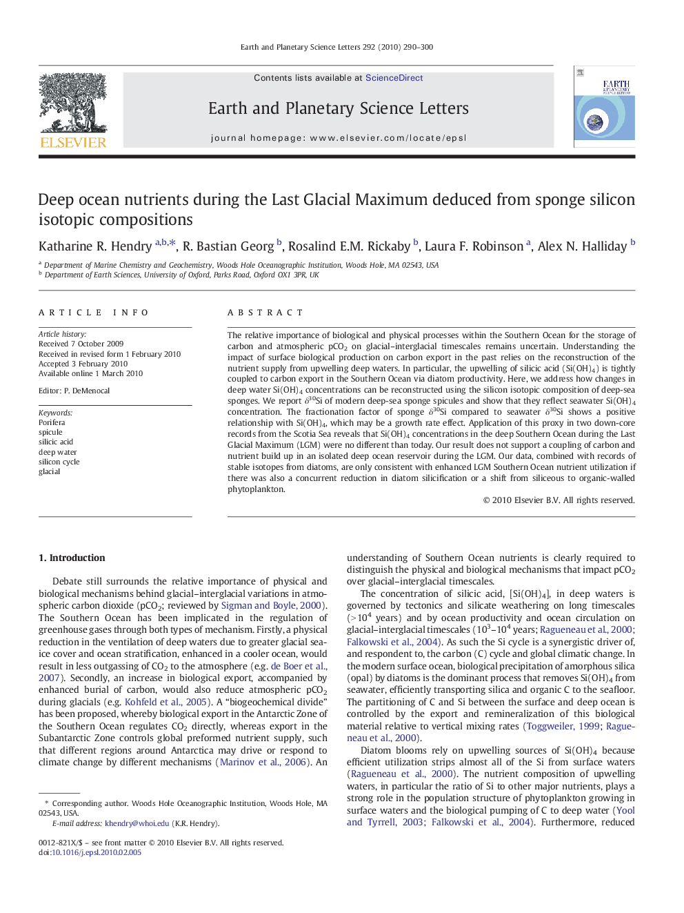 Deep ocean nutrients during the Last Glacial Maximum deduced from sponge silicon isotopic compositions