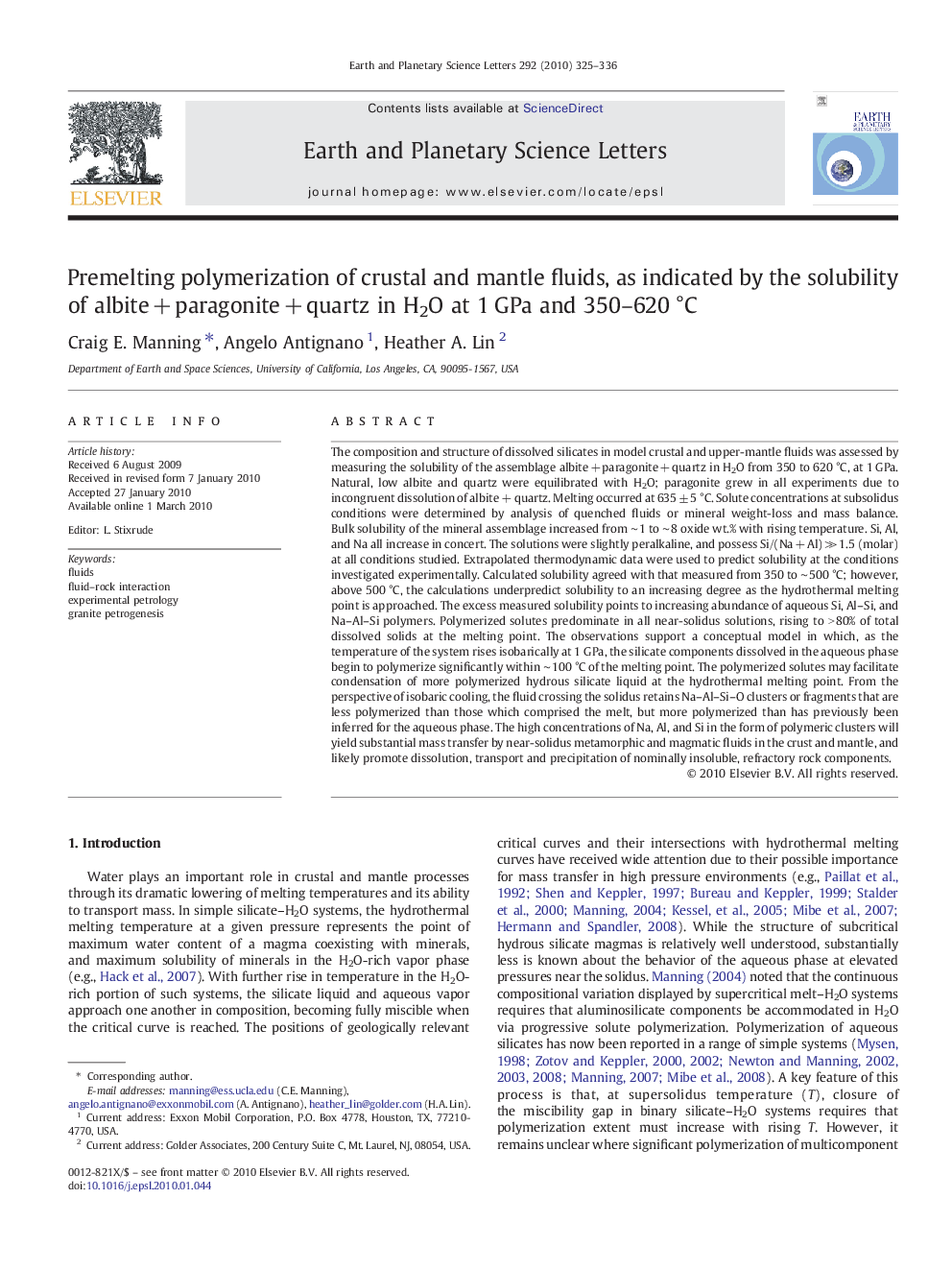 Premelting polymerization of crustal and mantle fluids, as indicated by the solubility of albite + paragonite + quartz in H2O at 1 GPa and 350–620 °C