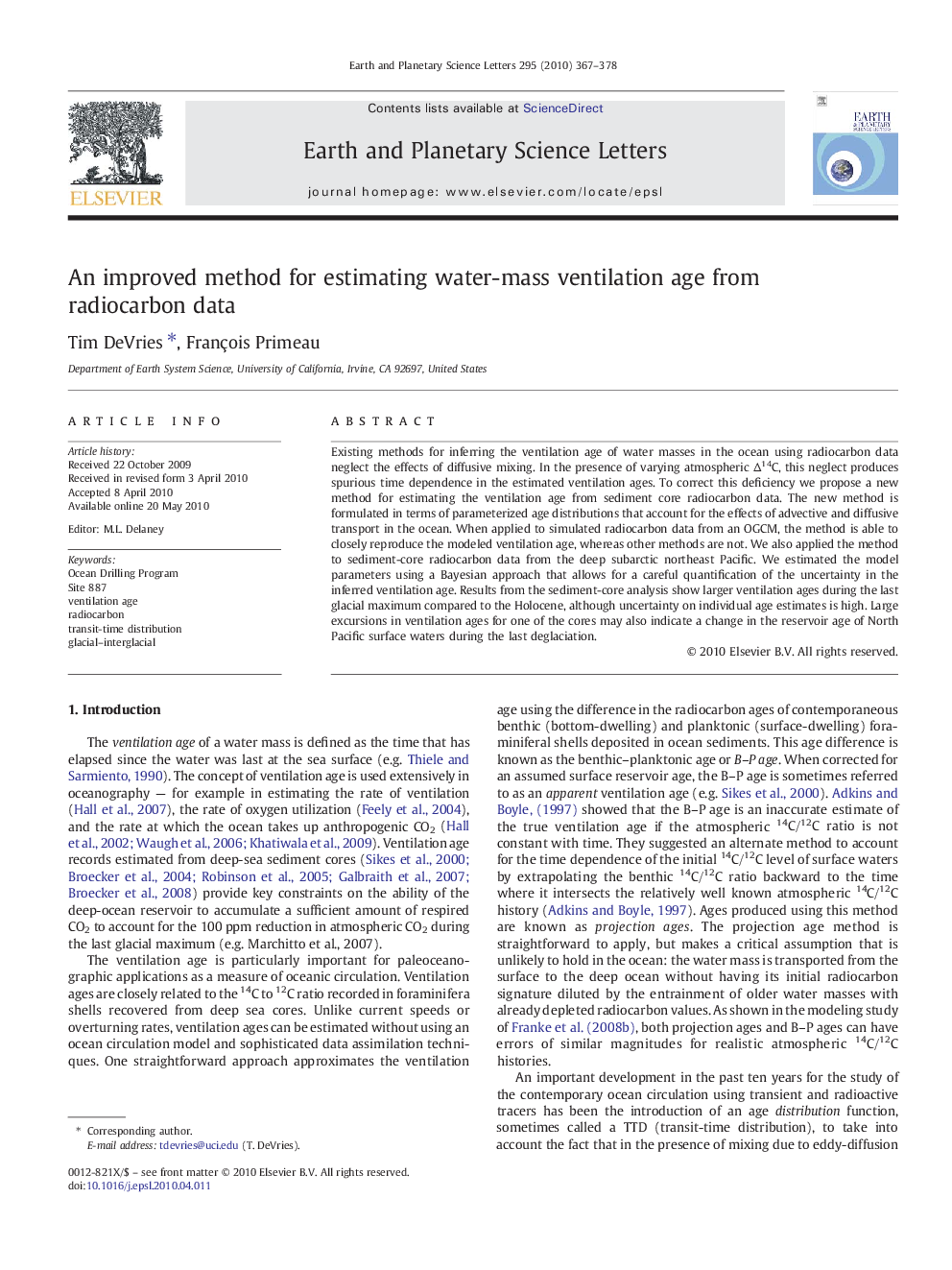 An improved method for estimating water-mass ventilation age from radiocarbon data