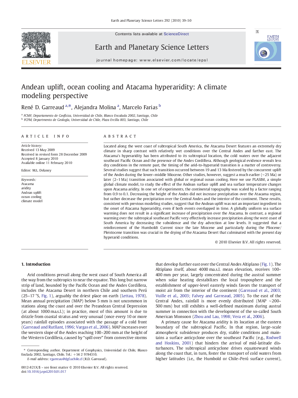 Andean uplift, ocean cooling and Atacama hyperaridity: A climate modeling perspective