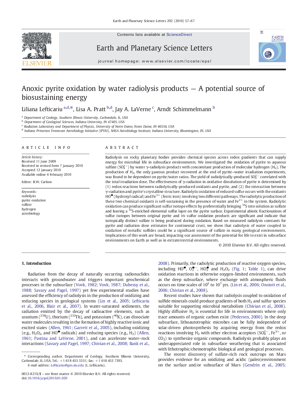 Anoxic pyrite oxidation by water radiolysis products — A potential source of biosustaining energy