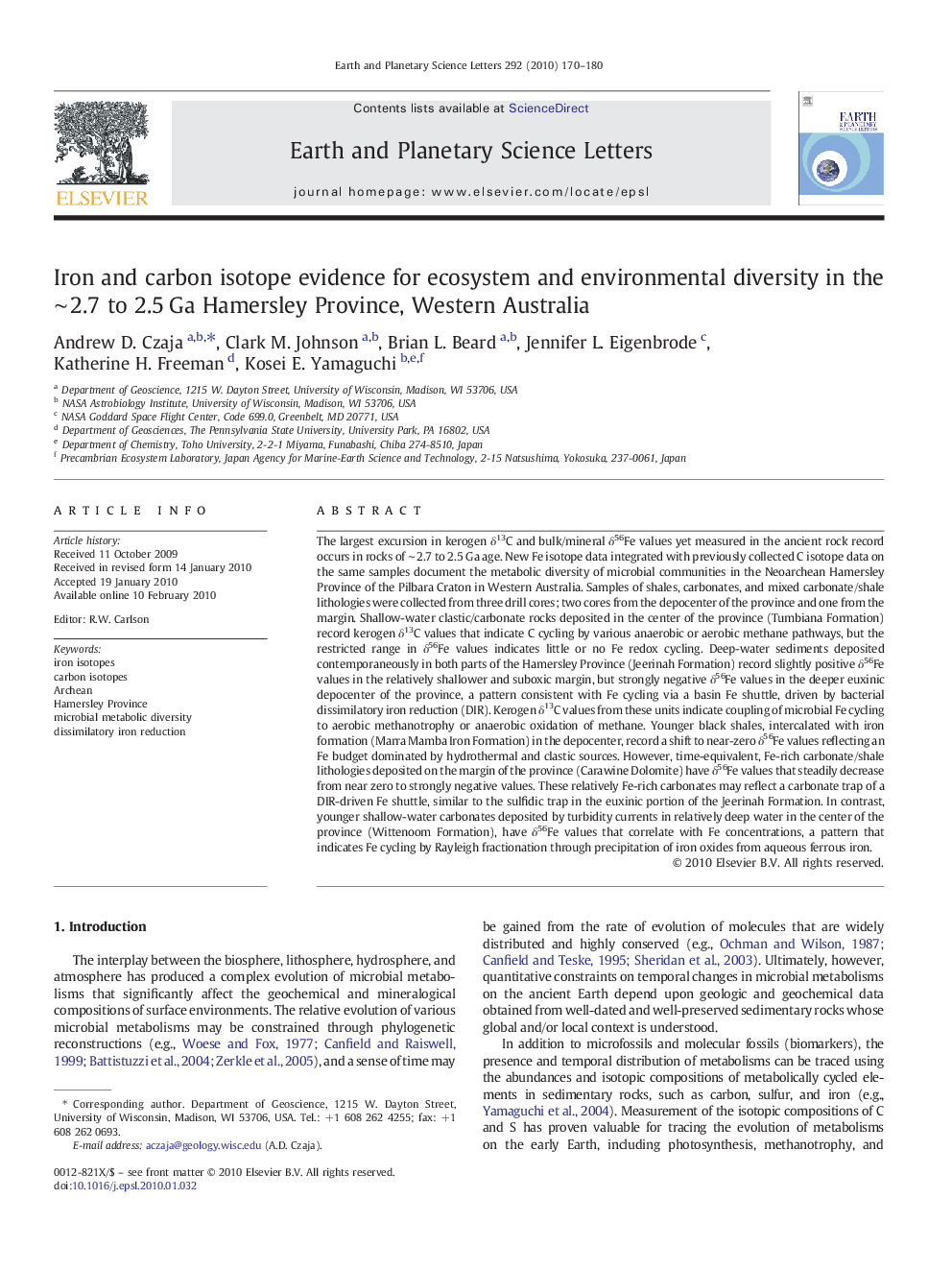 عکس صفحه اول مقاله: Iron and carbon isotope evidence for ecosystem and environmental diversity in the ∼ 2.7 to 2.5 Ga Hamersley Province, Western Australia Iron and carbon isotope evidence for ecosystem and environmental diversity in the ∼ 2.7 to 2.5 Ga Hamersley Province, Western Australia