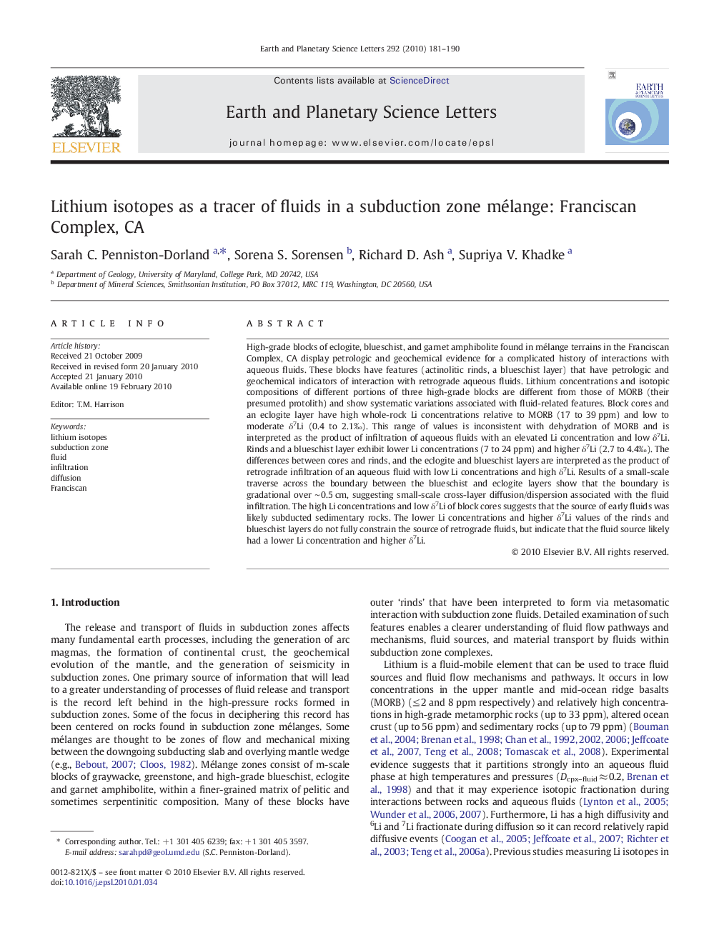 Lithium isotopes as a tracer of fluids in a subduction zone mélange: Franciscan Complex, CA