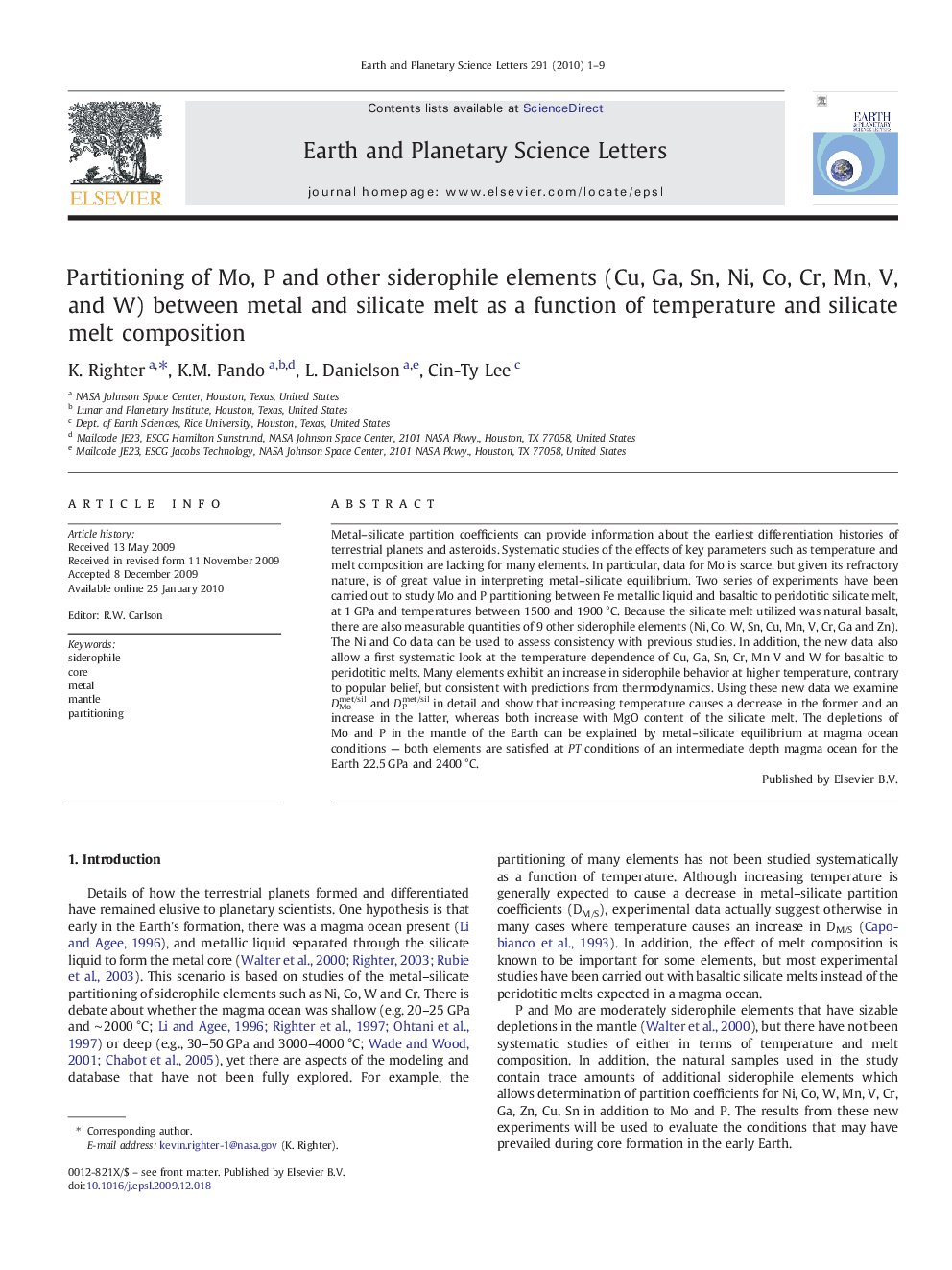 Partitioning of Mo, P and other siderophile elements (Cu, Ga, Sn, Ni, Co, Cr, Mn, V, and W) between metal and silicate melt as a function of temperature and silicate melt composition