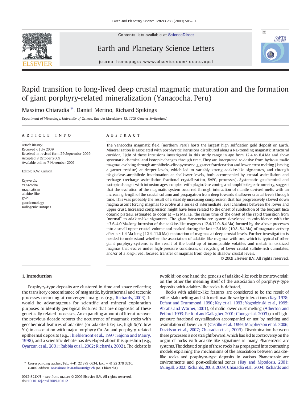 Rapid transition to long-lived deep crustal magmatic maturation and the formation of giant porphyry-related mineralization (Yanacocha, Peru)