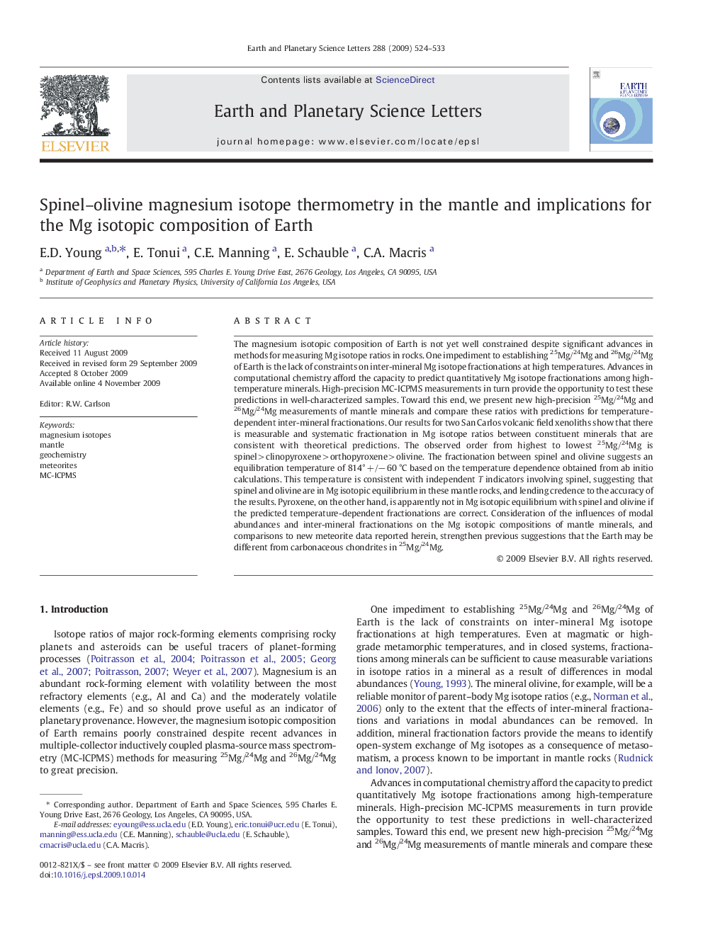 Spinel–olivine magnesium isotope thermometry in the mantle and implications for the Mg isotopic composition of Earth