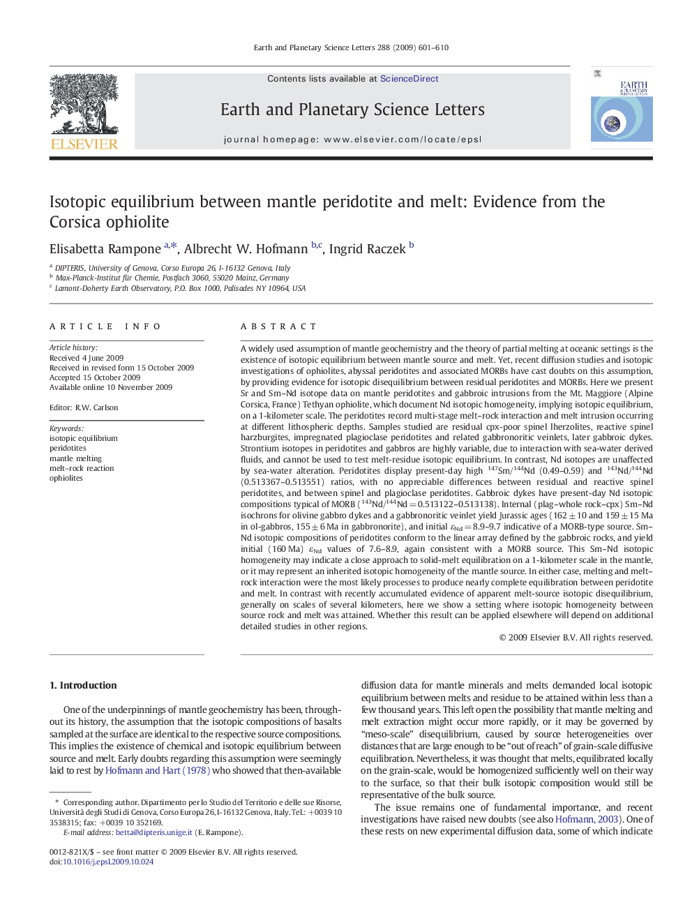 Isotopic equilibrium between mantle peridotite and melt: Evidence from the Corsica ophiolite