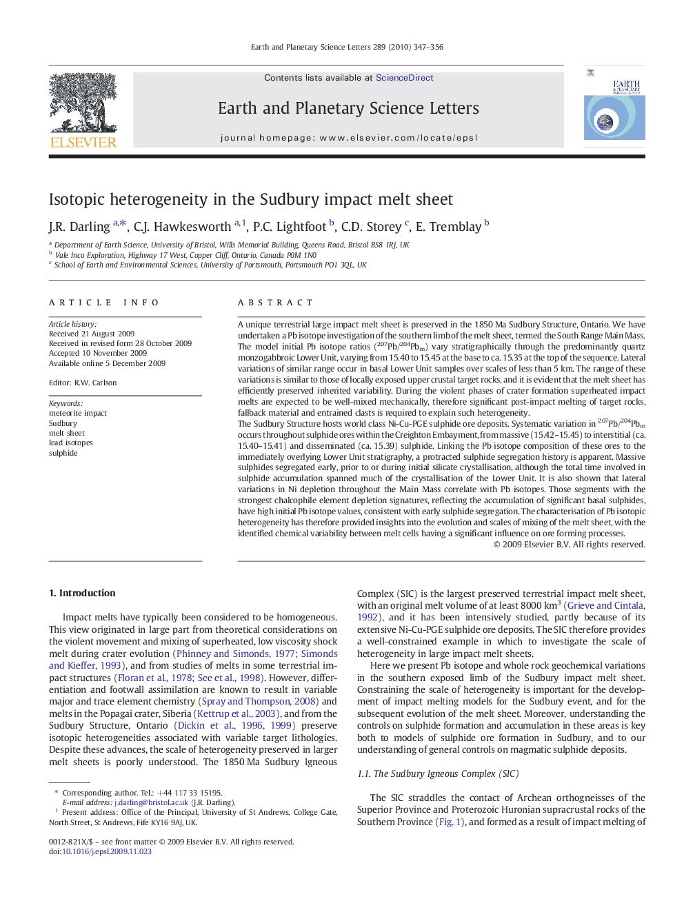 Isotopic heterogeneity in the Sudbury impact melt sheet