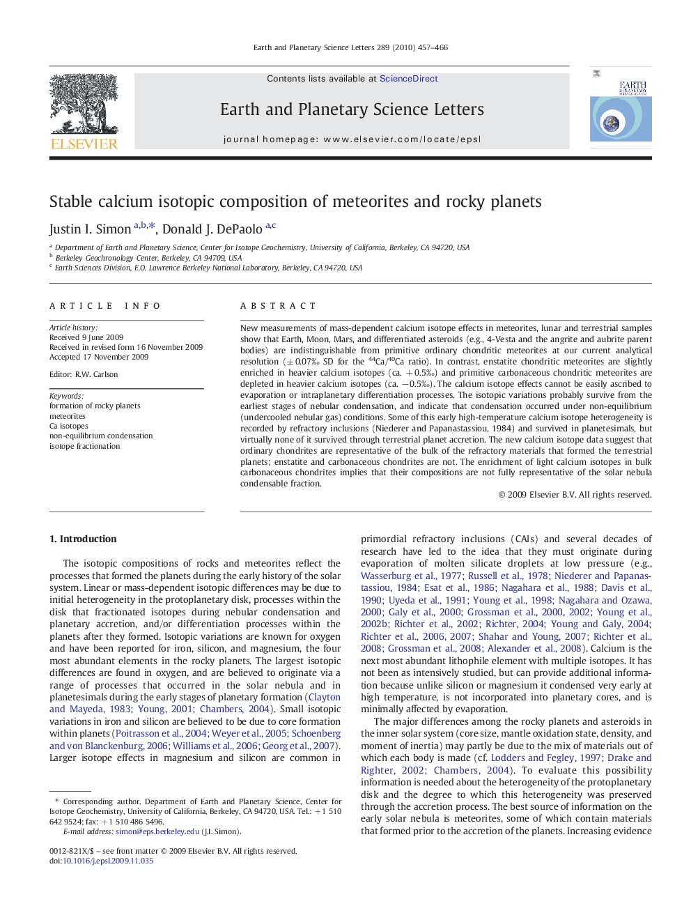 Stable calcium isotopic composition of meteorites and rocky planets