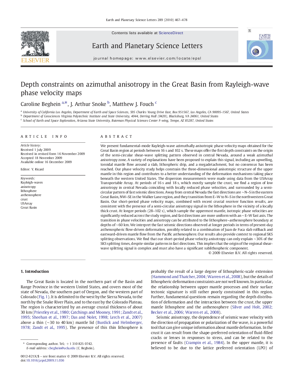 Depth constraints on azimuthal anisotropy in the Great Basin from Rayleigh-wave phase velocity maps