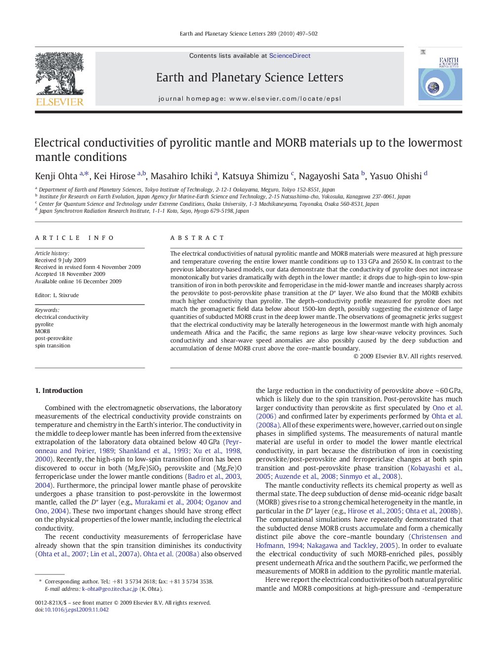 Electrical conductivities of pyrolitic mantle and MORB materials up to the lowermost mantle conditions