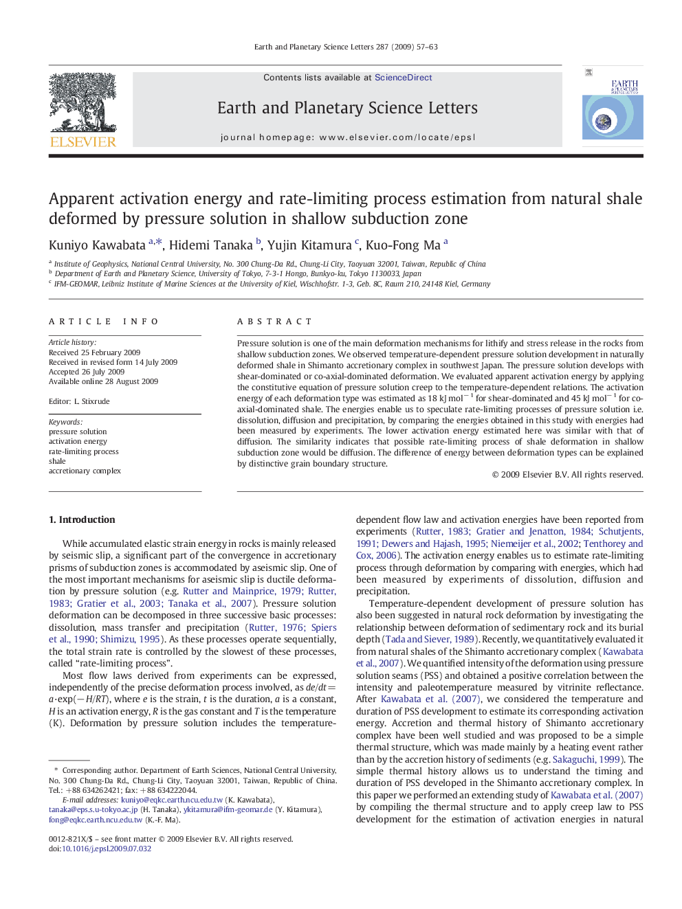 Apparent activation energy and rate-limiting process estimation from natural shale deformed by pressure solution in shallow subduction zone