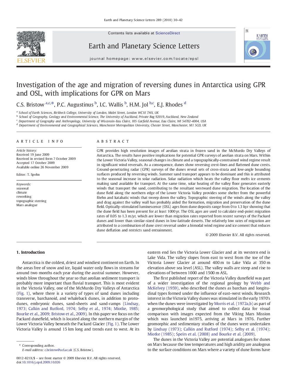 Investigation of the age and migration of reversing dunes in Antarctica using GPR and OSL, with implications for GPR on Mars