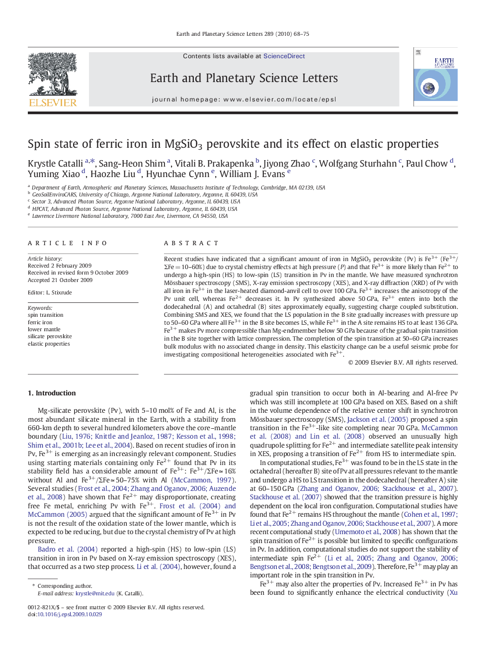 عکس صفحه اول مقاله: Spin state of ferric iron in MgSiO3 perovskite and its effect on elastic properties Spin state of ferric iron in MgSiO3 perovskite and its effect on elastic properties