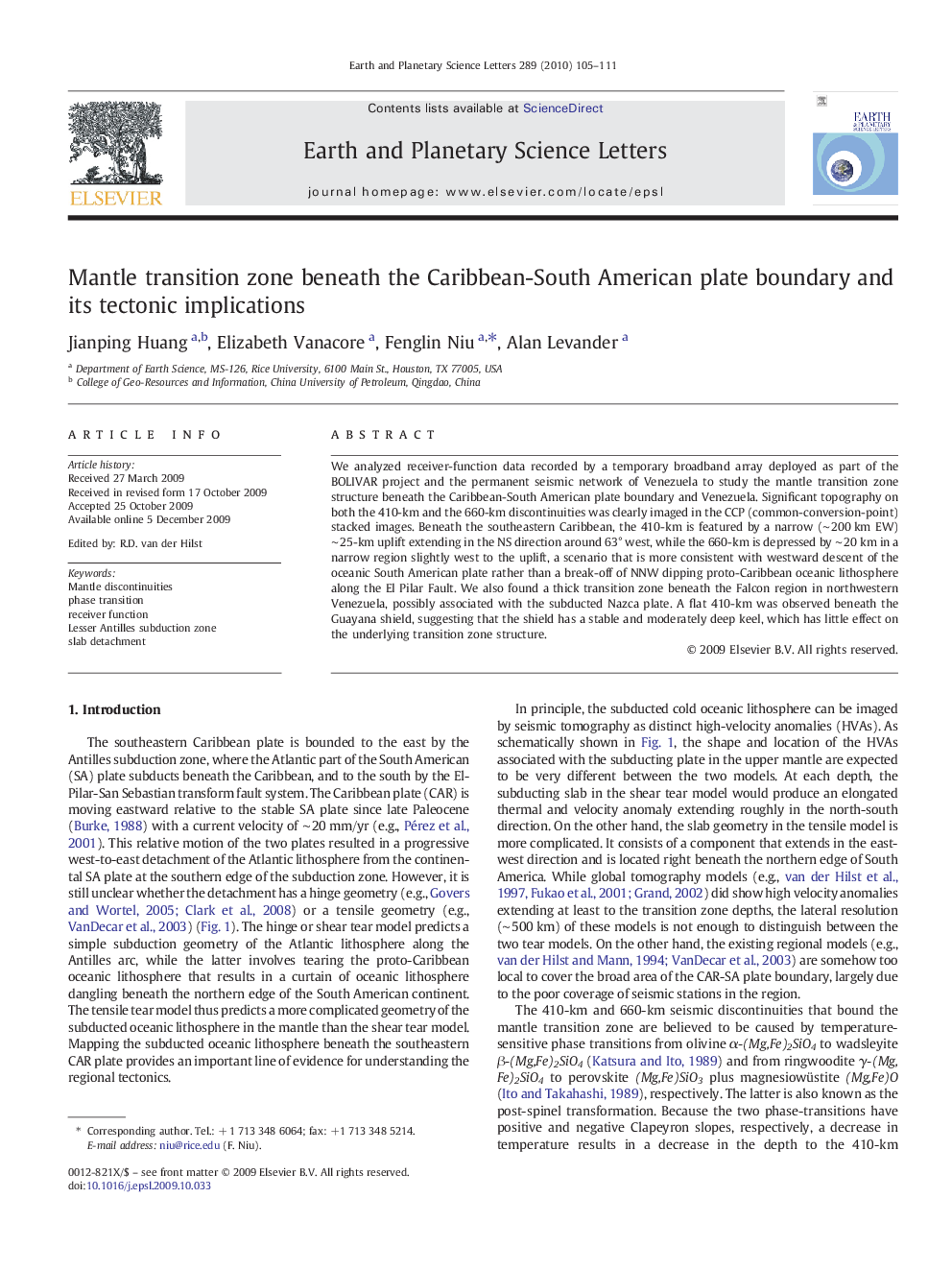 Mantle transition zone beneath the Caribbean-South American plate boundary and its tectonic implications