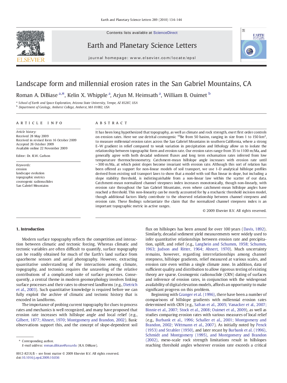 Landscape form and millennial erosion rates in the San Gabriel Mountains, CA