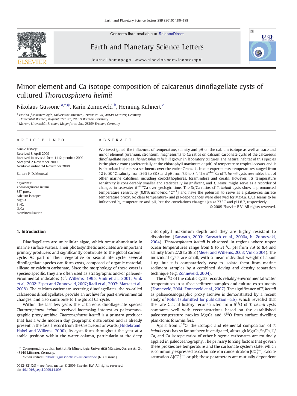 Minor element and Ca isotope composition of calcareous dinoflagellate cysts of cultured Thoracosphaera heimii