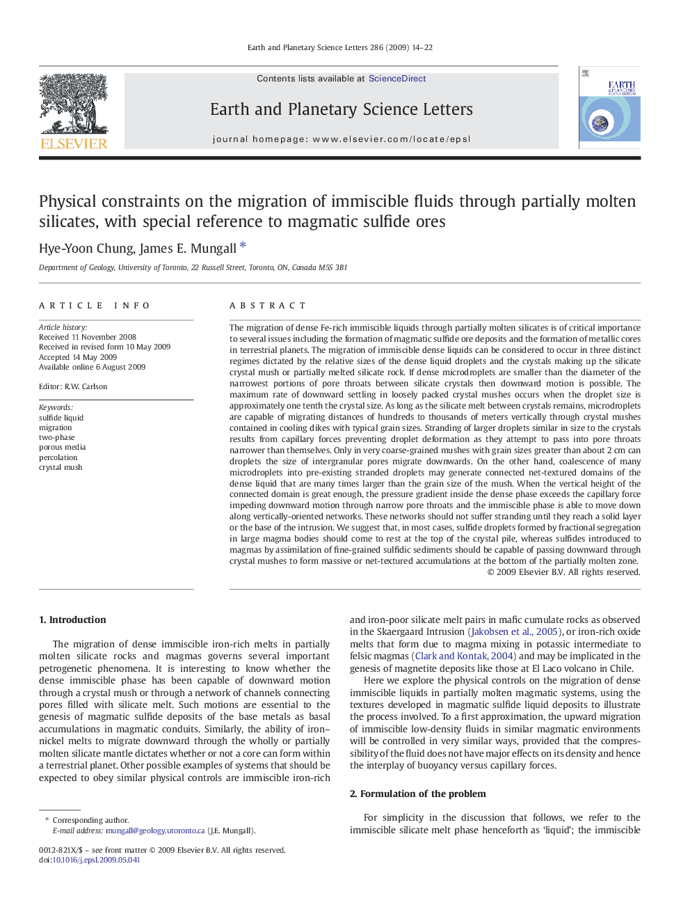 Physical constraints on the migration of immiscible fluids through partially molten silicates, with special reference to magmatic sulfide ores