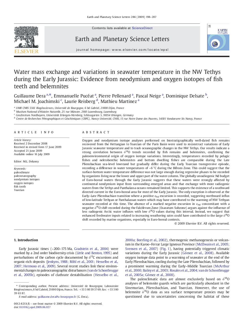 Water mass exchange and variations in seawater temperature in the NW Tethys during the Early Jurassic: Evidence from neodymium and oxygen isotopes of fish teeth and belemnites