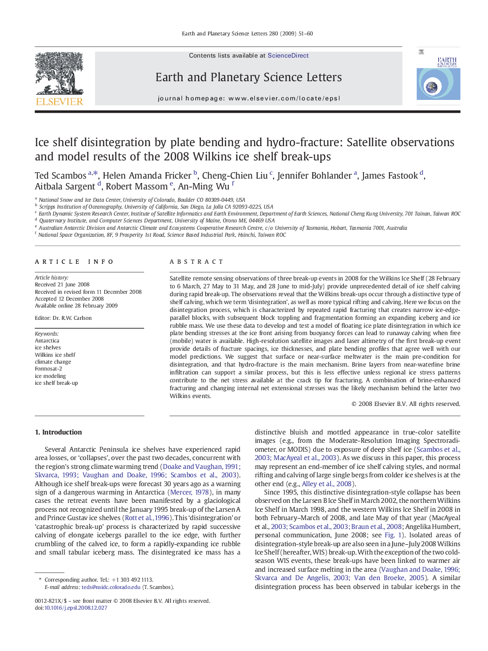 Ice shelf disintegration by plate bending and hydro-fracture: Satellite observations and model results of the 2008 Wilkins ice shelf break-ups