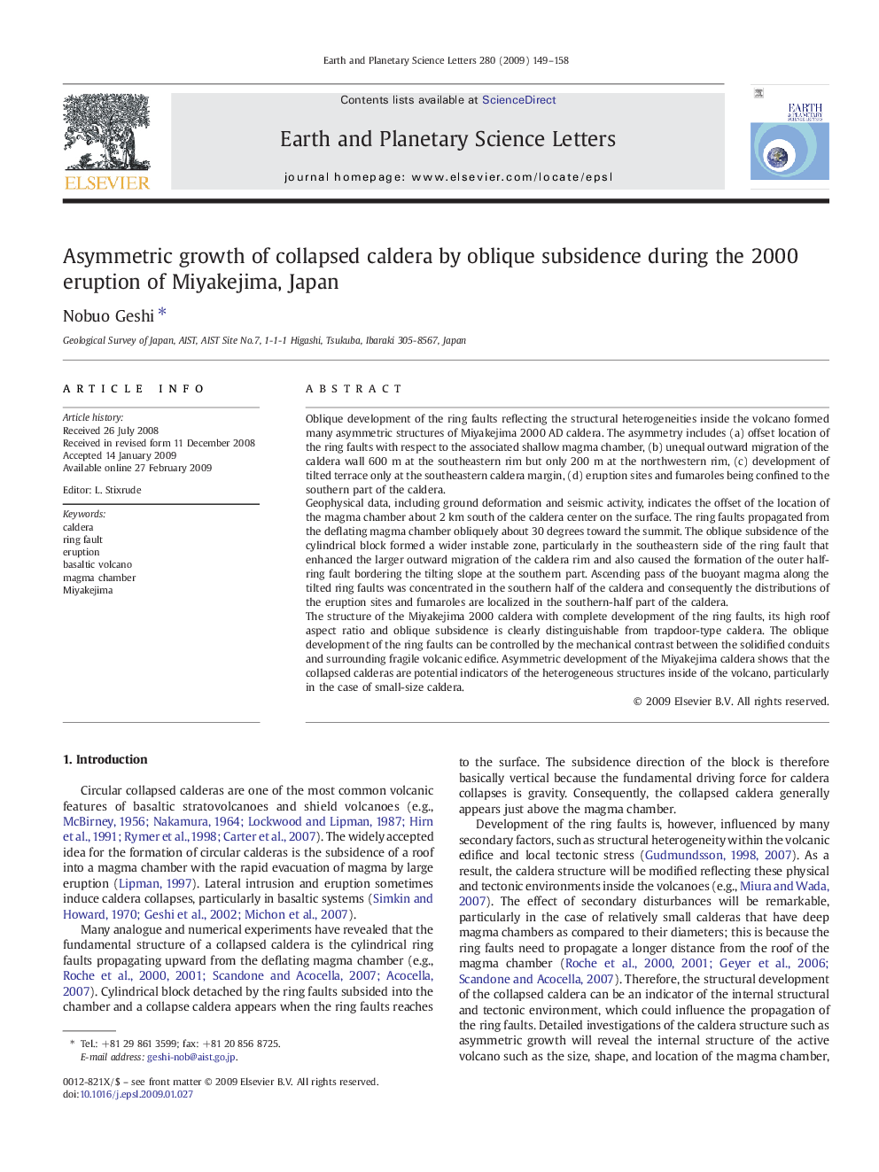 عکس صفحه اول مقاله: Asymmetric growth of collapsed caldera by oblique subsidence during the 2000 eruption of Miyakejima, Japan Asymmetric growth of collapsed caldera by oblique subsidence during the 2000 eruption of Miyakejima, Japan