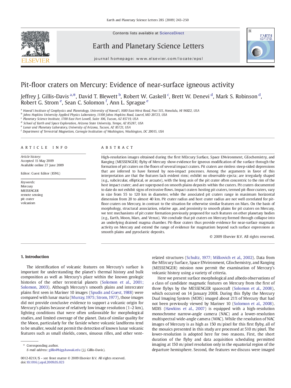 Pit-floor craters on Mercury: Evidence of near-surface igneous activity