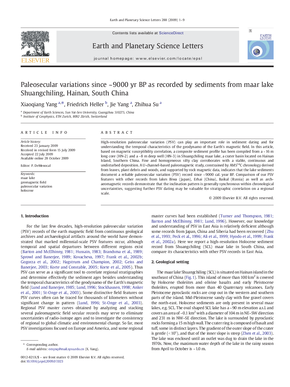 Paleosecular variations since ~ 9000 yr BP as recorded by sediments from maar lake Shuangchiling, Hainan, South China