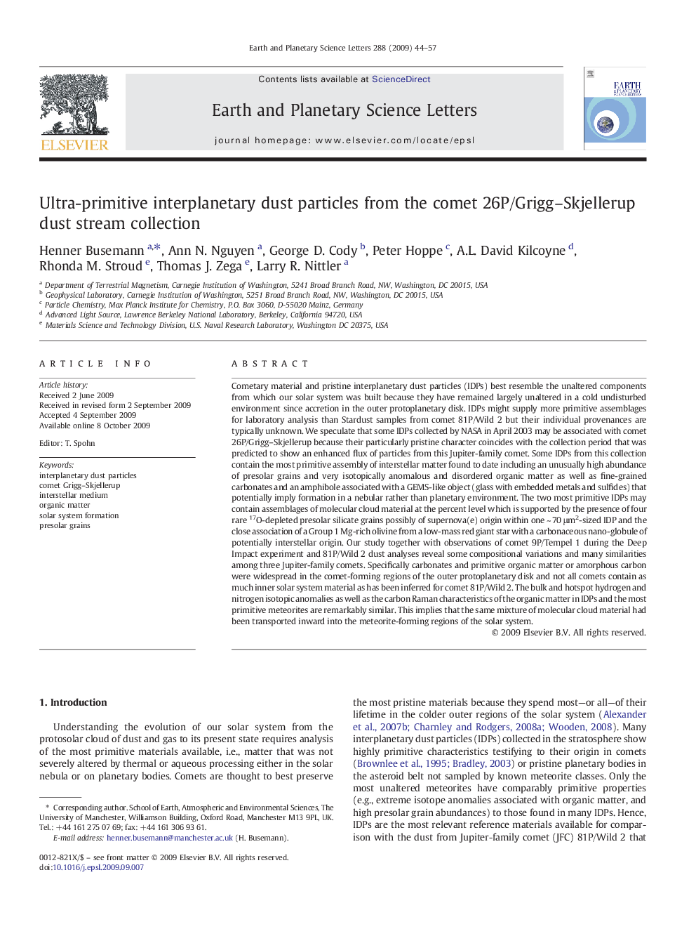 Ultra-primitive interplanetary dust particles from the comet 26P/Grigg–Skjellerup dust stream collection