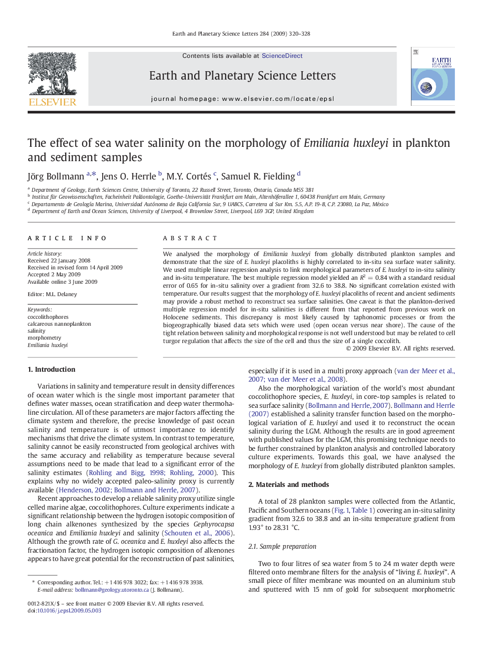 The effect of sea water salinity on the morphology of Emiliania huxleyi in plankton and sediment samples