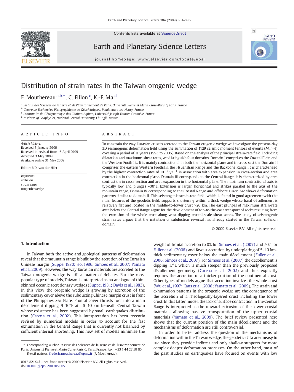 Distribution of strain rates in the Taiwan orogenic wedge