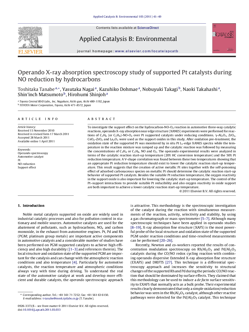 Operando X-ray absorption spectroscopy study of supported Pt catalysts during NO reduction by hydrocarbons