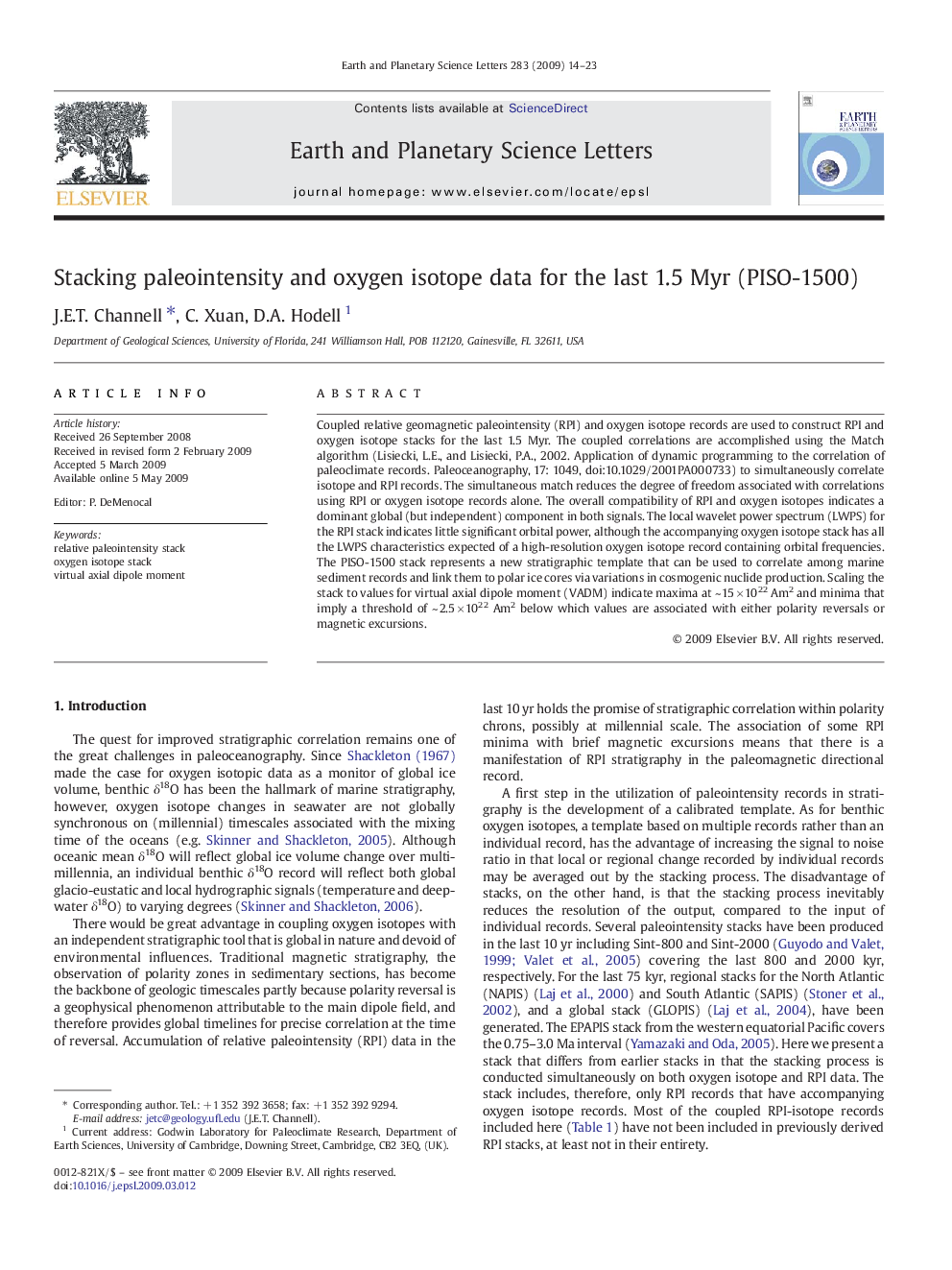 Stacking paleointensity and oxygen isotope data for the last 1.5 Myr (PISO-1500)