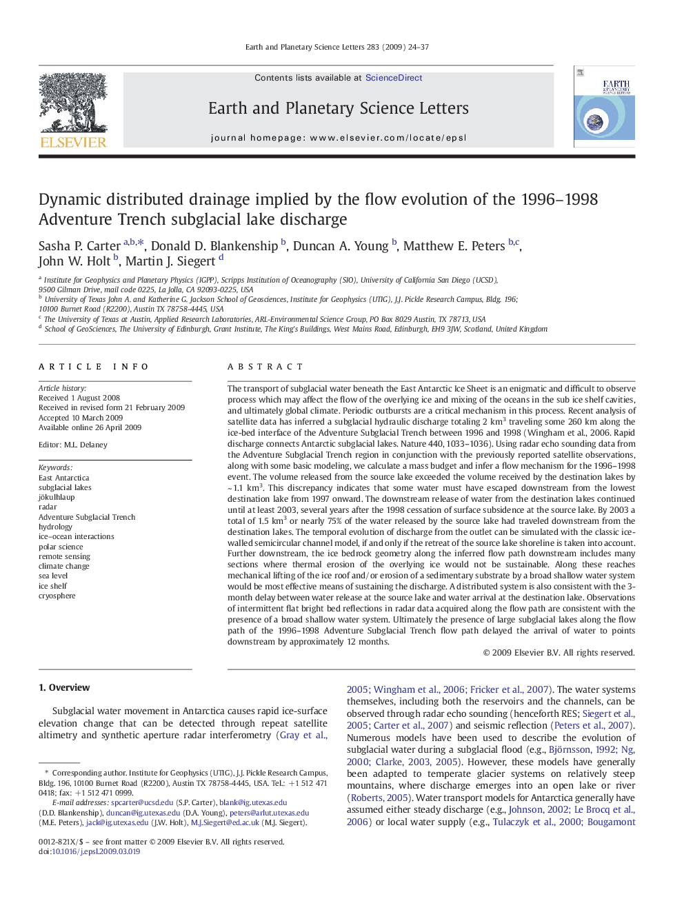 Dynamic distributed drainage implied by the flow evolution of the 1996–1998 Adventure Trench subglacial lake discharge