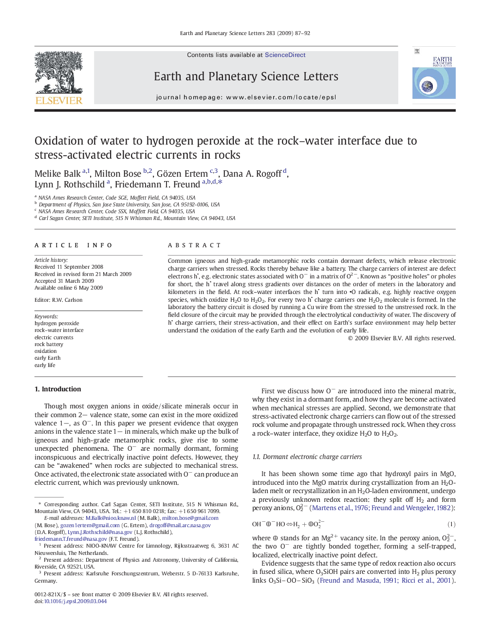 Oxidation of water to hydrogen peroxide at the rock–water interface due to stress-activated electric currents in rocks