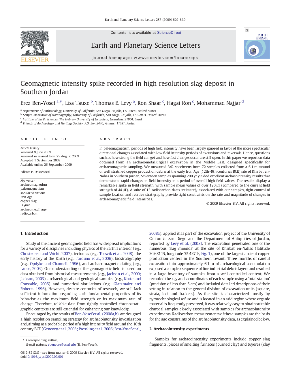 Geomagnetic intensity spike recorded in high resolution slag deposit in Southern Jordan