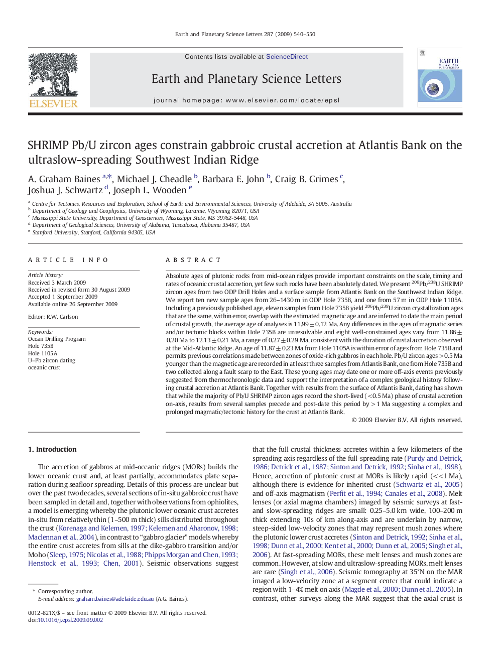 SHRIMP Pb/U zircon ages constrain gabbroic crustal accretion at Atlantis Bank on the ultraslow-spreading Southwest Indian Ridge