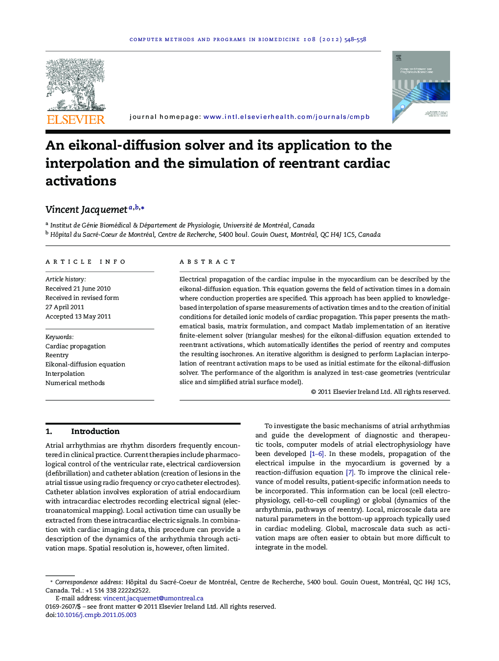 An eikonal-diffusion solver and its application to the interpolation and the simulation of reentrant cardiac activations