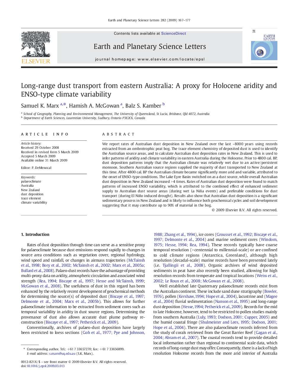 Long-range dust transport from eastern Australia: A proxy for Holocene aridity and ENSO-type climate variability