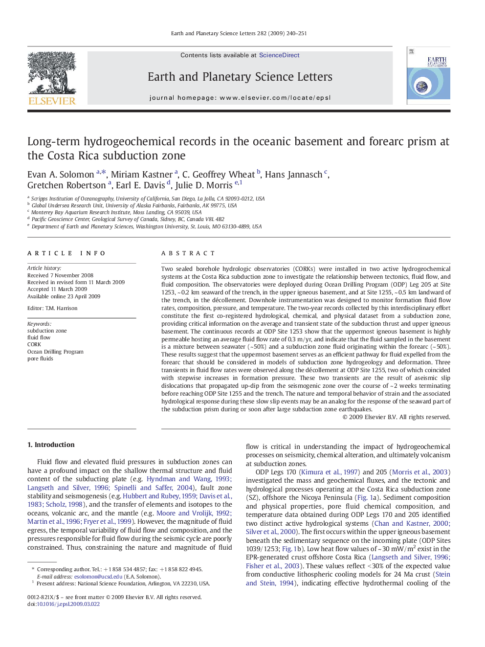 Long-term hydrogeochemical records in the oceanic basement and forearc prism at the Costa Rica subduction zone