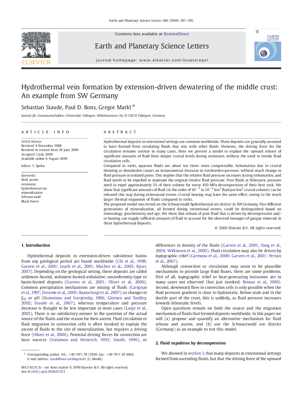 Hydrothermal vein formation by extension-driven dewatering of the middle crust: An example from SW Germany