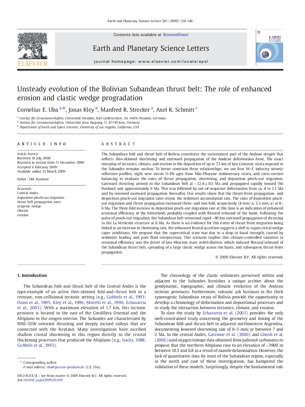 Unsteady evolution of the Bolivian Subandean thrust belt: The role of enhanced erosion and clastic wedge progradation