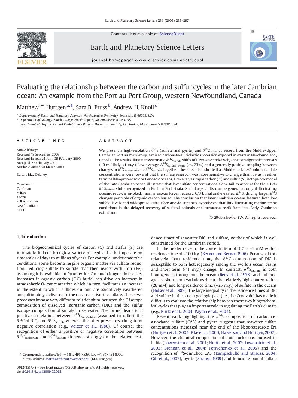 Evaluating the relationship between the carbon and sulfur cycles in the later Cambrian ocean: An example from the Port au Port Group, western Newfoundland, Canada