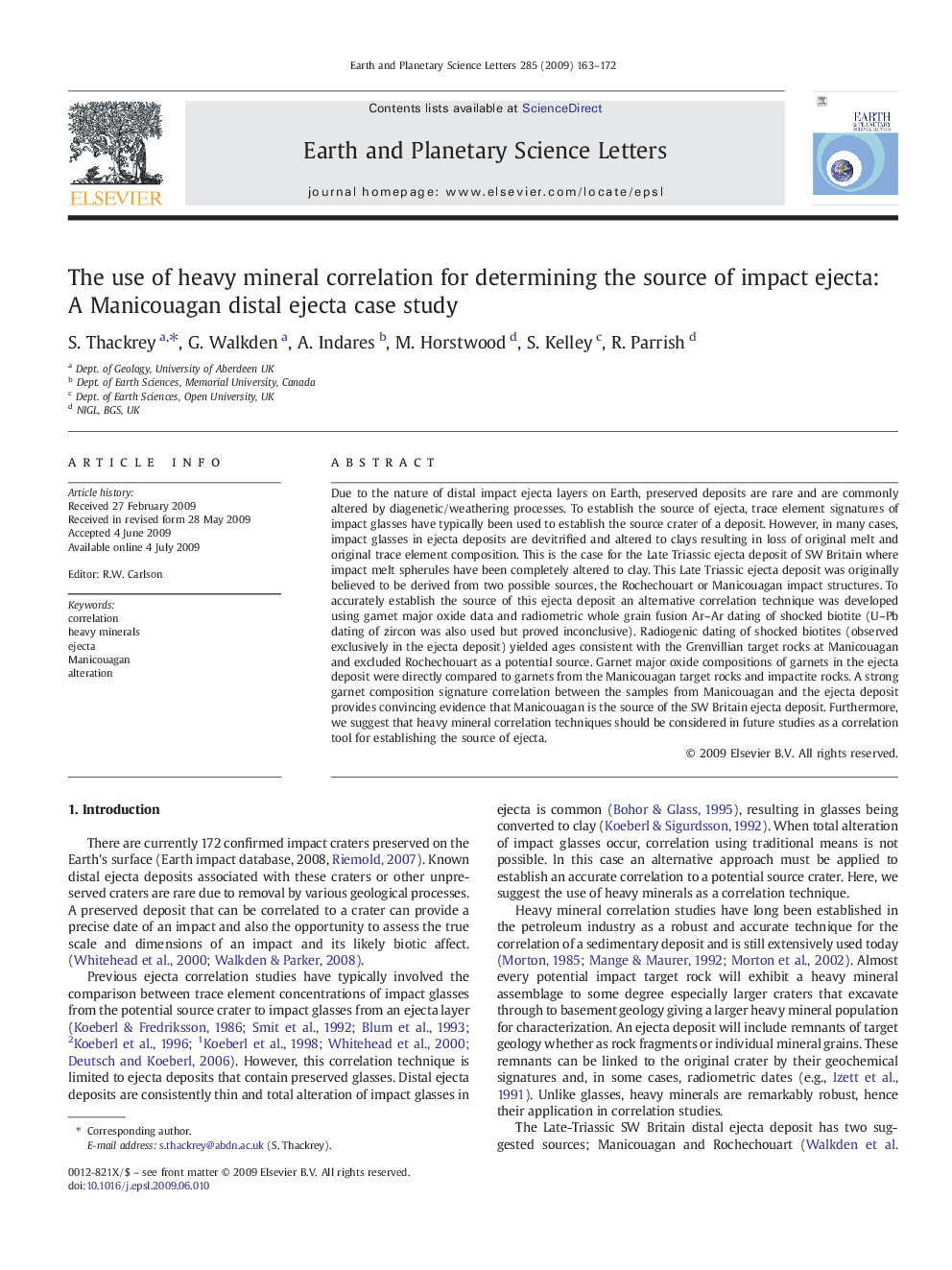 The use of heavy mineral correlation for determining the source of impact ejecta: A Manicouagan distal ejecta case study