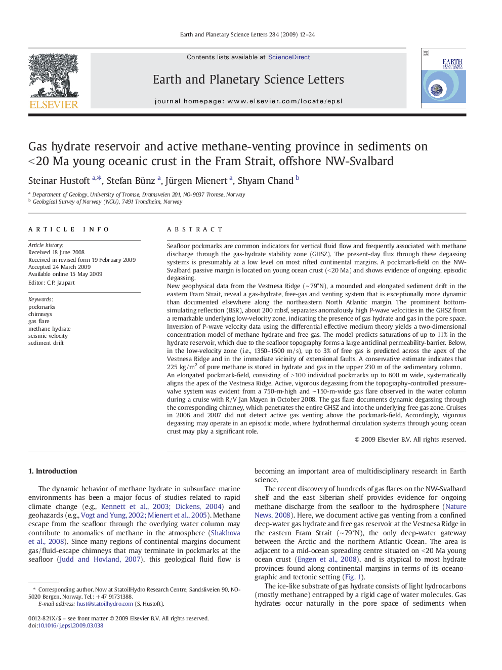 Gas hydrate reservoir and active methane-venting province in sediments on < 20 Ma young oceanic crust in the Fram Strait, offshore NW-Svalbard