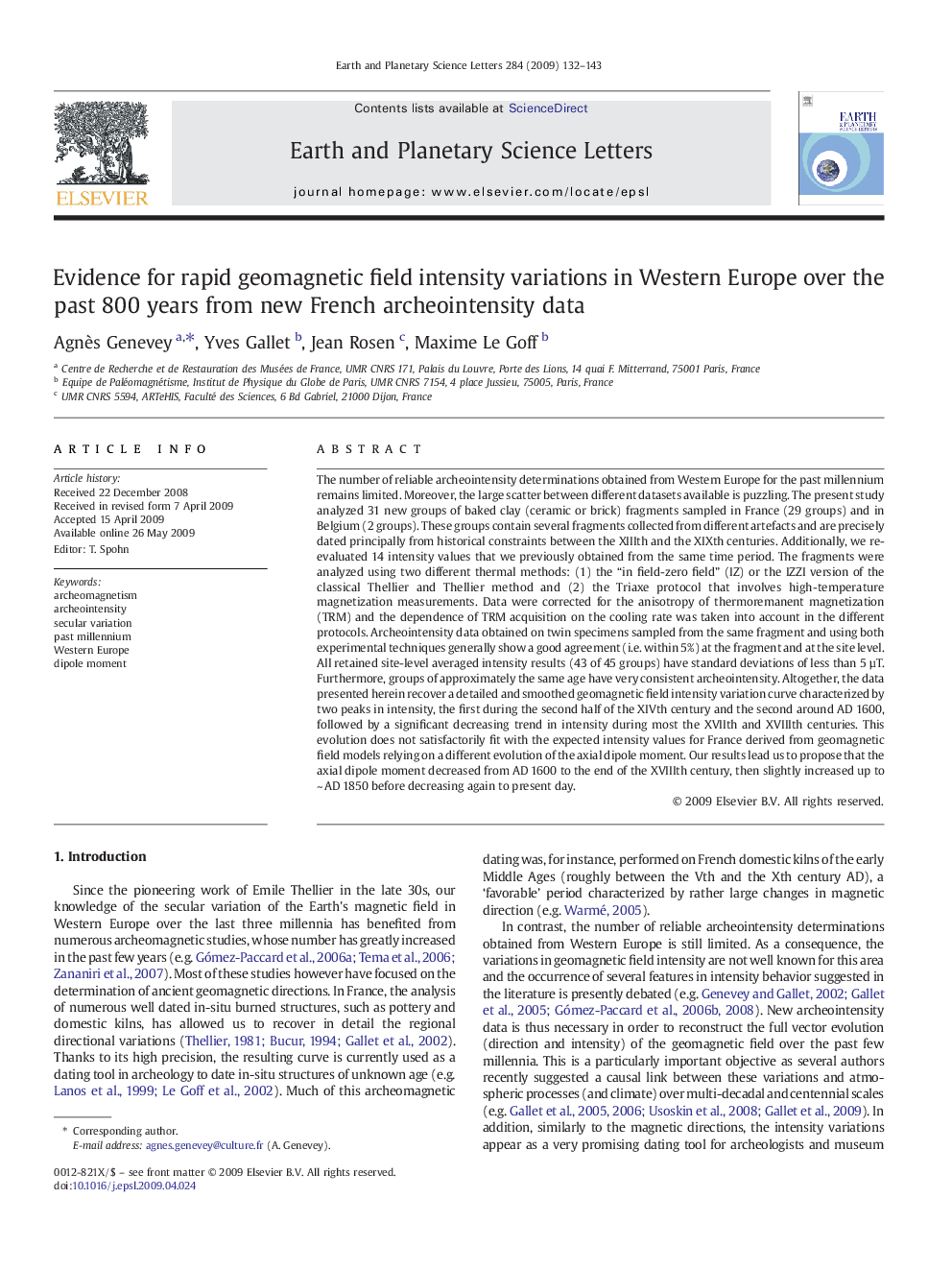 Evidence for rapid geomagnetic field intensity variations in Western Europe over the past 800 years from new French archeointensity data