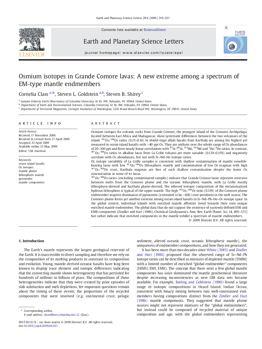 Osmium isotopes in Grande Comore lavas: A new extreme among a spectrum of EM-type mantle endmembers